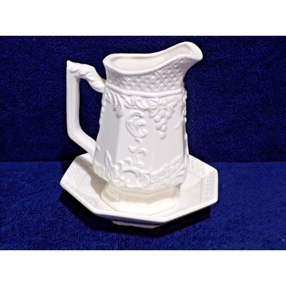 Vintage Lefton Embossed White Milk Pitcher with Plate Grape Lattice #6490